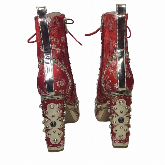 Womens Platform High Heels Square Toe Pearl Lace Strap Rivet Decor Boots 38(7.5) - Picture 8 of 13